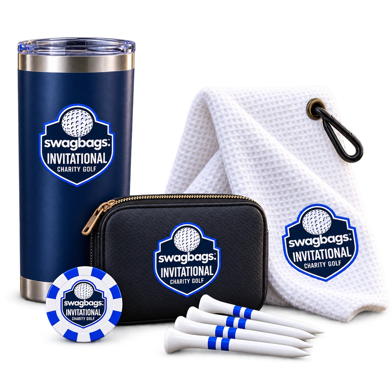 $20 Eagle package illustration with tumbler, caddy towel, valuables pouch, ball marker, and tees