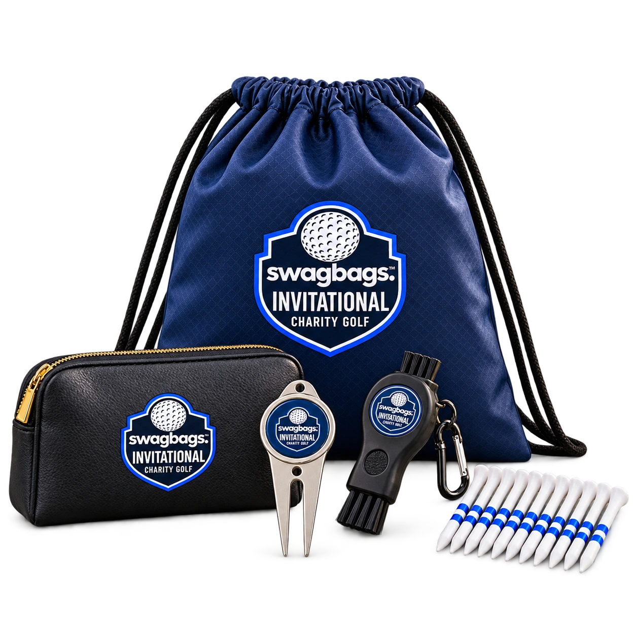 $20 Par package illustration with drawstring bag, pouch, divot tool, groove cleaner, and tees